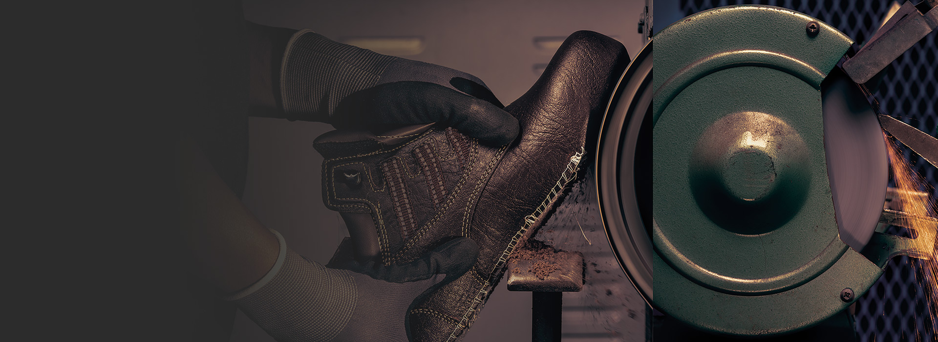 Worker holding Lemaitre safety boot with grinder sparks flying
